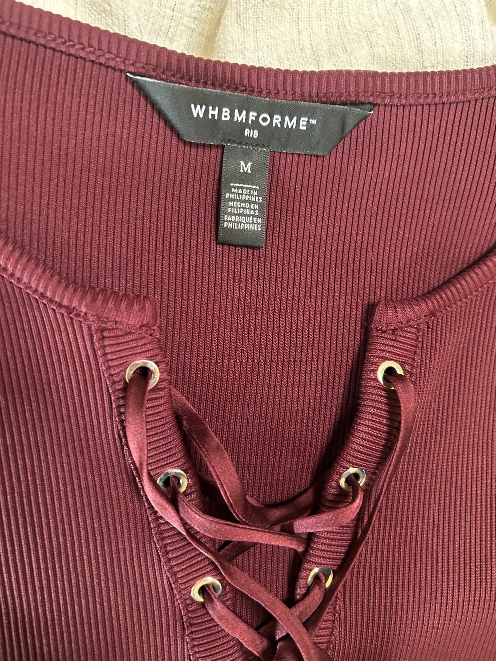 White House Black Market Ribbed Lace-Up Women's Top- Burgundy